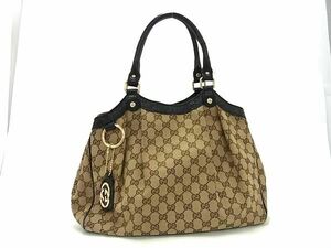 1円 ■美品■ GUCCI グッチ 211944 スーキー キャンバス×レザー ハンドバッグ トート ショルダーバッグ ブラウン系×ブラック系 FC3753