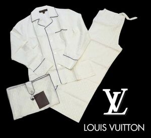 新品Louis Vuitton シルクコットン モノグラムストライプ総柄 エンブレム ルームウェア セットアップ ルイヴィトン パジャマ XS 白 JZ-15