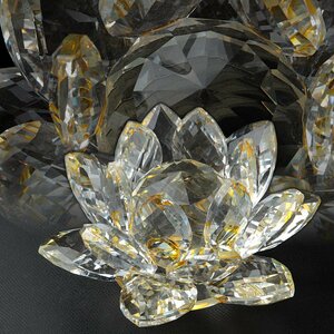 JK461 工芸ガラス クリスタルガラス「蓮花」置物 径10.5cm 重285g・睡蓮・クリスタルフラワー オブジェ