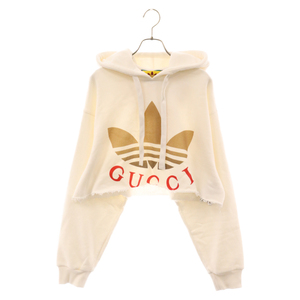 GUCCI グッチ×adidas Cropped Hooded Sweatshirt×アディダス クロップド ロゴプリントプルオーバーパーカー ホワイト 688197 XJE7H