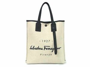 1円 ■美品■ Salvatore Ferragamo フェラガモ キャンバス×レザー ハンドバッグ トート ショルダー 肩掛け オフホワイト系 AW5227