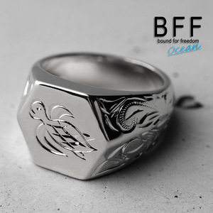 BFF ブランド タートル 印台リング ラージ ごつめ シルバー 18K 銀色 六角形 手彫り 彫金 専用BOX付属 (23号)
