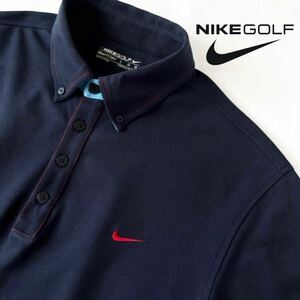 ナイキ ゴルフ NIKE GOLF DRYFIT 吸汗速乾 ボタンダウン ストレッチ ポロシャツ L ネイビー レッド ゴルフ 半袖 シャツ