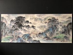 旧蔵 中国近現代国画家【張大千】山水画 橫幅 純手繪 稀少珍品 古美味 L0309