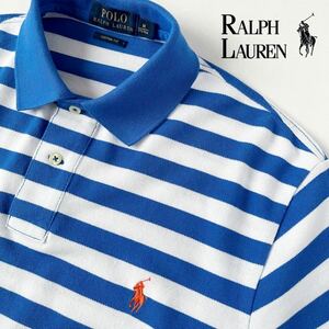 (美品) ラルフローレン RALPH LAUREN ポニー ボーダー ポロシャツ M 175/96A (日本L) ブルー ホワイト 半袖 鹿の子 シャツ 