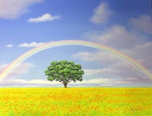 油彩画 洋画 (油絵額縁付きで納品対応可) M6号 「虹のある風景２」 白鳥あゆみ