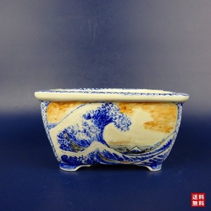 盆栽鉢 紀伊 小型 長辺 約11cm 長方鉢 外縁 色絵 富嶽三十六景四景 現品 新品