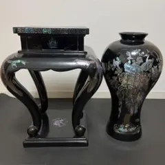 2点セット【螺鈿細工】花瓶 花器 花鳥図 鶴 松 螺鈿漆器 青貝 漆 中央卓