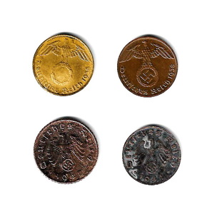 ドイツ第三帝国　(鉤十字) - 1, 5 ライヒスペニヒ/青銅貨 黄銅貨 亜鉛貨 4枚★ZD-51