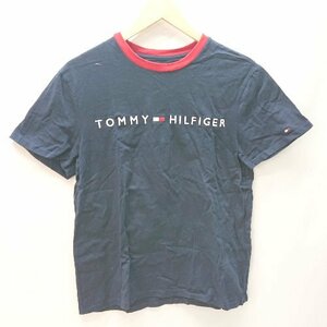◇ TOMMY HILFIGER トミーヒルフィガー ブランド刺?ロゴ 半袖 ティ－シャツ サイズM ネイビー系 メンズ E