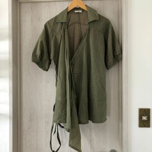 (k) DRIES VAN NOTEN ドリスヴァンノッテン 変形 カシュクール トップス シャツ 玉虫色 サイズ36 グリーン コットン 