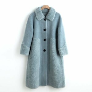 新品暖かいレディースウールコート毛皮ジャケットロングジャケットブルーXL