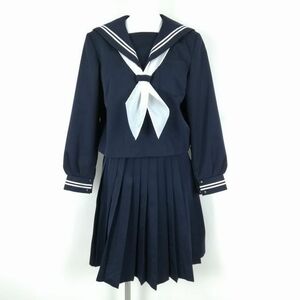 1円 セーラー服 スカート スカーフ 上下3点セット 160A 大きいサイズ 冬物 白2本線 女子 学生服 中学 高校 紺 制服 中古 ランクC NA1806