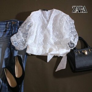 美品 薄手 ZARA ザラ ■ 春 夏 刺繍 フラワー チュチュ ラップカットソー ブラウス Ｍ ホワイト 白 ナチュラル オーガンジー 可愛い