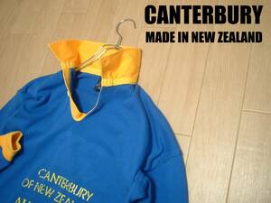 希少ニュージーランド製CANTERBURYラガーシャツ38inブルー青USA-S(JPN-M程)正規カンタベリーRUGBYジャージMADE IN NEW ZEALAND