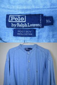 90s Polo by Ralph Lauren ★ POSTBOY ポロ ラルフローレン ポニー刺繍 バンドカラー デニムシャツ XL ビッグシルエット