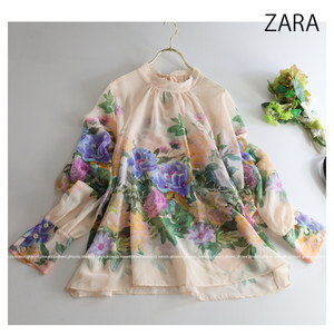 ザラ ZARA ★大人素敵♪後ろリボンフラワープリントシフォンプルオーバーブラウストップス ベージュ花柄