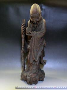 置物●古い人物像 唐木彫り 寿老人 桃持ち オブジェ 古美術 時代物 骨董品■