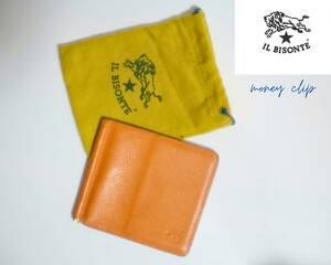 【期間限定送料無料】IL BISONTE マネークリップ イルビゾンテ 財布 カードスリット付き 二つ折り財布 レザー オレンジ ロゴ型押し