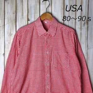 USA古着 80s～90s 赤ギンガムチェックチェックシャツ 41 L程度 オールド ヴィンテージ アメリカ古着 長袖 コットン ●151