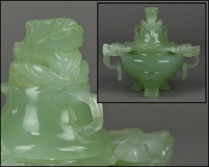 中国美術 唐物 翡翠 玉石製 獅子摘 耳付三足香炉 置物 古美術品