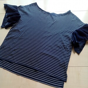 INTERPLANET インタープラネット Tシャツ☆肩ひらひらボーダー半袖トップス size 002(M)☆大人可愛いトップス 通学通勤着