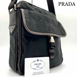 625【現行モデル・美品】PRADA プラダ ショルダーバッグ メッセンジャー 三角ロゴ テスートナイロン サフィアーノレザー ブラック 黒×茶