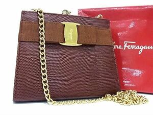 1円 ■極美品■ Salvatore Ferragamo フェラガモ ヴァラリボン リザード型押しレザー がま口 ショルダーバッグ ブラウン系 CD1383