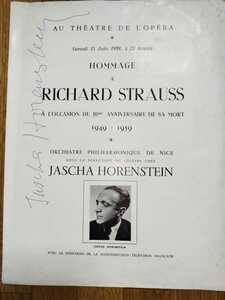 ヤッシュ・ホーレンシュタインの直筆サイン入り!1959年６月１３日 R・シュトラウス没10周年オペラ座公演パンフレット