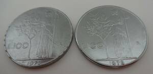 イタリア　１００リラ　１９７３年　１９７８年　２枚セット　コイン　ミネルバ神 　