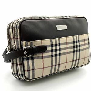 【未使用級】Burberry バーバリー セカンドバッグ クラッチ ノバチェック ダブルジップ ファスナー 自立 トラベルポーチ ブラウン 大容量