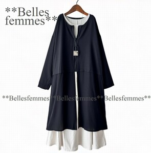 ★Belles*★送料185円★新品★M～L/LL*春の羽織*裾のジョーゼットが軽やか*ゆったりシルエット*ロングカーディガン*膝丈カーディガン*613黒