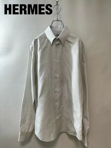 CC0005★6 高級 美品 Herms エルメス メンズ ボタンダウン 長袖 シャツ Yシャツ セリエボタン シルバー ロゴ 15/ 1/2 39