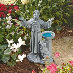 祝福する 聖フランシス 高さ 約48ｃｍ、小鳥の水飲み場付き グレイストーン色 ガーデン彫刻 彫像（輸入品）