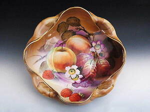 リンゴとイチゴ絵 変形縁 大鉢 ◆ オールドノリタケ