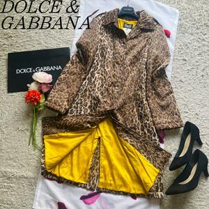 【良品】DOLCE&GABBANA レオパードロングコート イエロー 38 ドルチェ&ガッバーナ M 黄色 ヒョウ柄 総柄 中綿 D&G 襟 スプリングコート