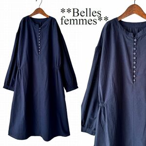 ★Belles*★送料185円★新品★M～L*大人ナチュラル*バンドカラー*コットン100%*ゆったりチュニックワンピース*176567ネイビー