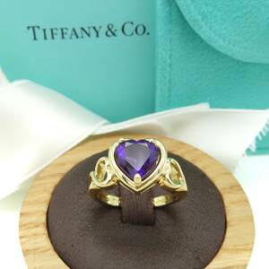 未使用 希少 Tiffany&Co. ティファニー ハート 大粒 アメジスト イエロー ゴールド リング 11号 指輪 750 K18 パープル AA243