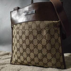 1円~【極美品】グッチ GUCCI ショルダーバッグ メンズ ビジネス クロスボディ サコッシュ 斜めがけ GG 金具 プレート キャンバス レザー 茶