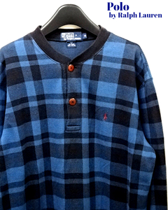 M【POLO by Ralph Lauren Check Henry Neck L/S Tee Blue ポロ バイ ラルフローレン チェック ヘンリーネック ロンTシャツ カットソー】