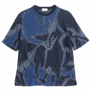 極美品●21SS HERMES エルメス Dance of Horses Light 鹿の子生地 半袖 Tシャツ/カットソー ブルー系 大きめサイズXXL イタリア製 正規品