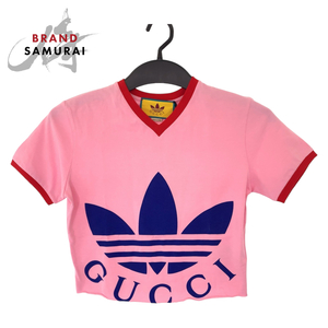 新品未使用 GUCCI グッチ GUCCI × adidas 22SS サイズXS ピンク レッド コットン 693637 半袖Tシャツ クロップド レディース 405671 新品