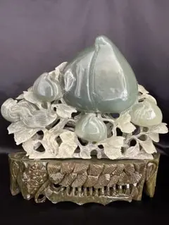 中国古美術 玉雕桃子 鳥 6.6kg 翡翠 彫刻 細工 置物 台座付き 証書
