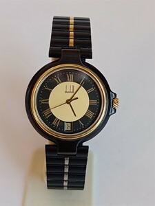 美品 稼働品 Dunhill メンズ腕時計 黒色、ゴールド色文字盤 三針デイト付き 新品電池 dunhill