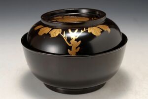 3199-2　輪島塗　明治大正期　黒漆　金蒔絵　吸物椀　蓋物　漆器　茶托　小皿　民藝