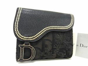 1円 ChristianDior クリスチャンディオール トロッター サドル キャンバス×レザー 二つ折り 財布 ウォレット ブラック系 AX4159