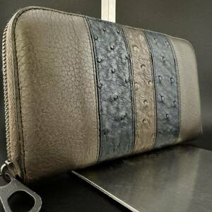 【美品】BOTTEGA VENETA ボッテガヴェネタ 長財布 ラウンドファスナー オーストリッチ レザー 本革 ブラウン ネイビー メンズ レディース　