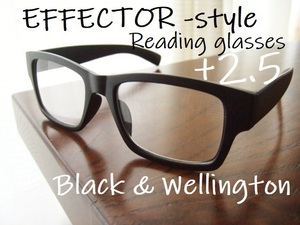 新品　老眼鏡　+2.5　ごつめ　エフェクター風　リーディンググラス　Effector　ウェリントン　男女兼用　黒 ブラック　スクエア　