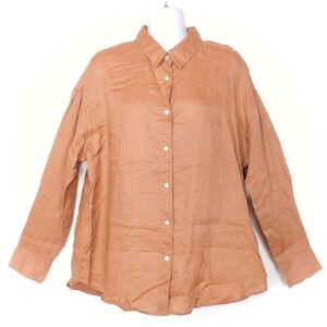 【美品】ユニクロ★大きいサイズXL リネン100% シンプルなシャツ 長袖 うす茶系＊b3940
