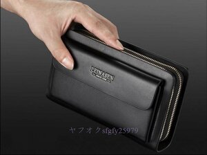 P784新品長財布 セカンドバッグ クラッチバック メンズ ダブルラウンドファスナー型 大容量 多機能 ストラップ付き 黒色